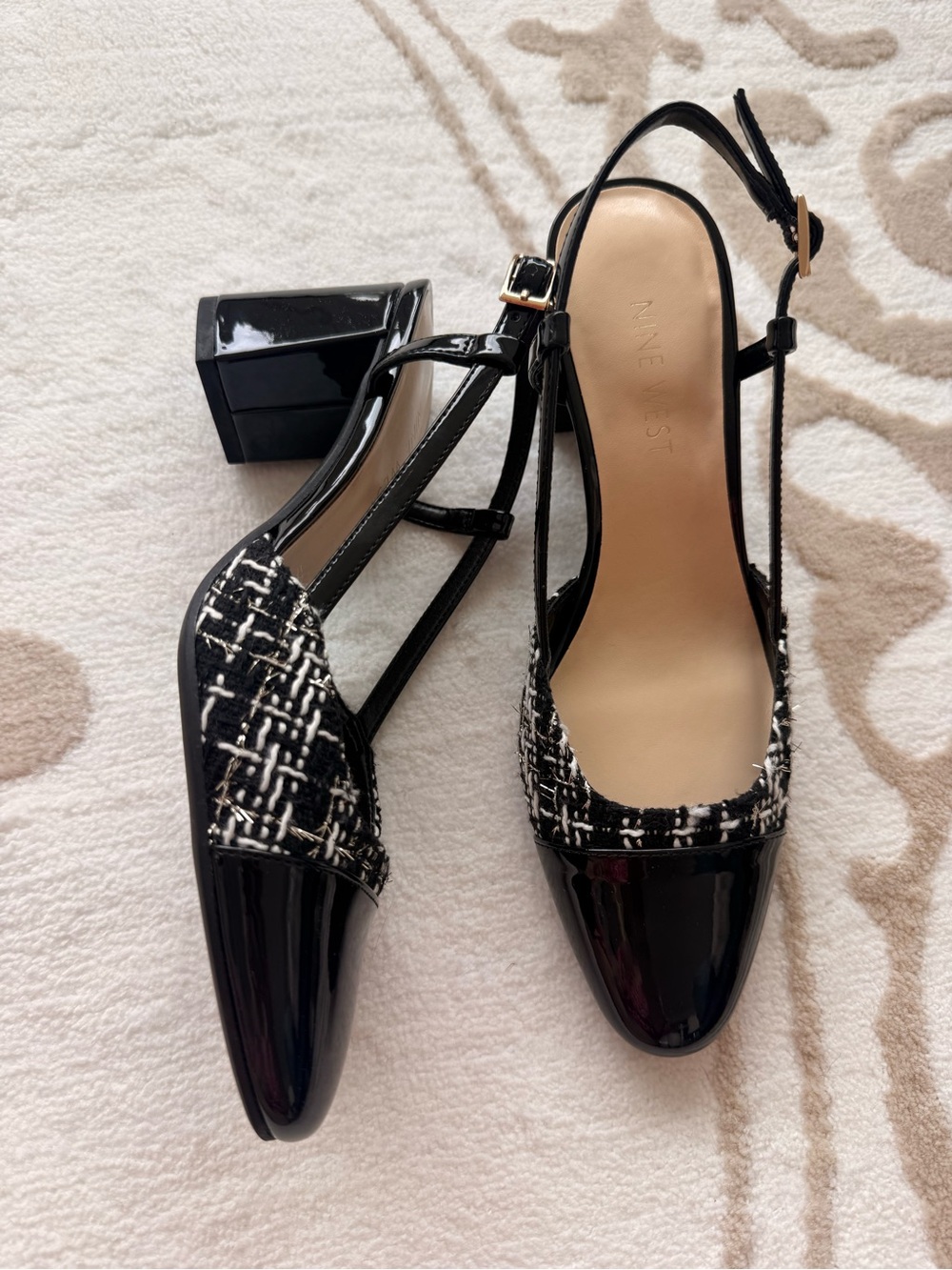 Nine West Black Tweed & Patent Slingback Block Heels